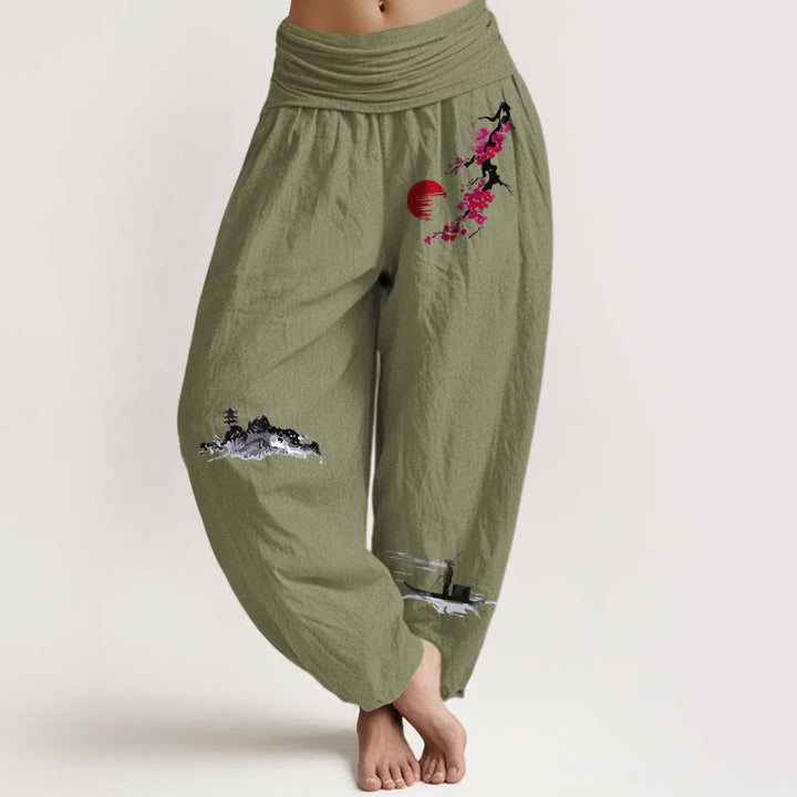 Buddha Stones Plum Blossoms Mountain Fisherman Pattern Pure Cotton Women's Elastic Waist Harem Pants - OliveDrab - US16，UK/AU20，EU48 (3XL) - image 5
