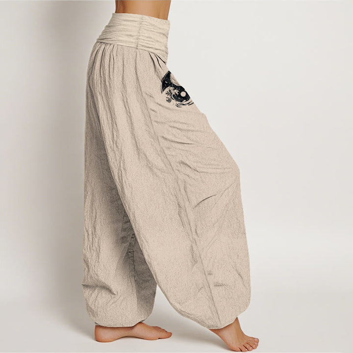 Buddha Stones Dragon Yin Yang Waves Flower Pattern Pure Cotton Women's Elastic Waist Harem Pants - image 13