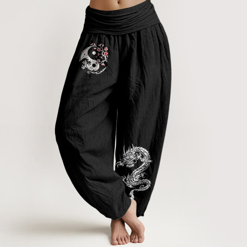 Buddha Stones Dragon Yin Yang Waves Flower Pattern Pure Cotton Women's Elastic Waist Harem Pants - Black - US16，UK/AU20，EU48 (3XL) - image 0