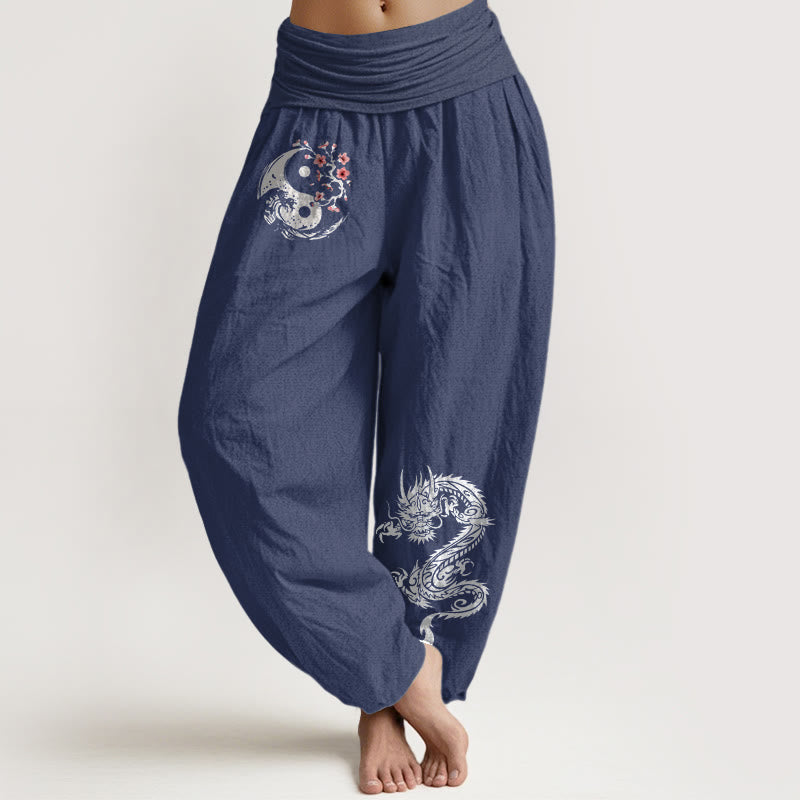 Buddha Stones Dragon Yin Yang Waves Flower Pattern Pure Cotton Women's Elastic Waist Harem Pants - DarkSlateBlue - US16，UK/AU20，EU48 (3XL) - image 5