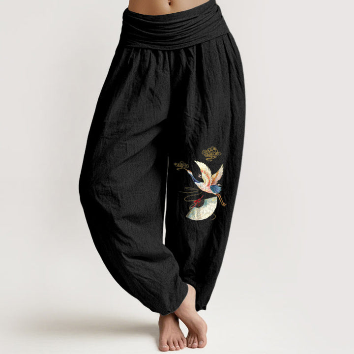 Buddha Stones Crane Folding Fan Auspicious Clouds Pattern Women's Elastic Waist Harem Cotton Pants - Black - US16，UK/AU20，EU48 (3XL) - image 14