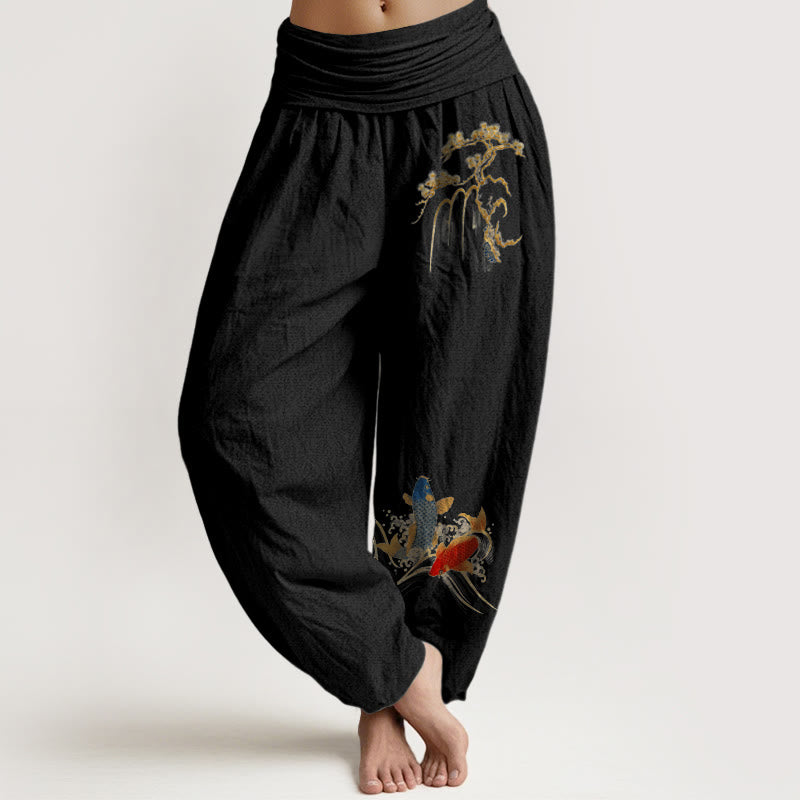 Buddha Stones Pure Cotton Pine Tree Koi Fish Pattern Women's Elastic Waist Harem Pants - Black - US16，UK/AU20，EU48 (3XL) - image 0