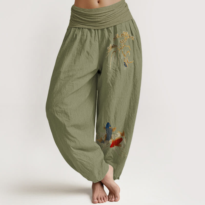Buddha Stones Pure Cotton Pine Tree Koi Fish Pattern Women's Elastic Waist Harem Pants - OliveDrab - US16，UK/AU20，EU48 (3XL) - image 14