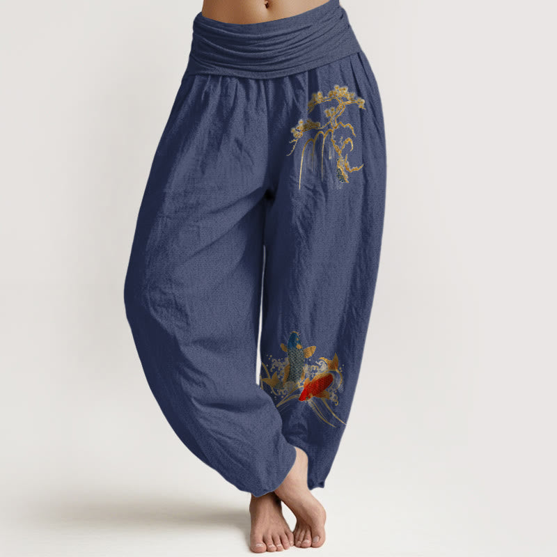 Buddha Stones Pure Cotton Pine Tree Koi Fish Pattern Women's Elastic Waist Harem Pants - DarkSlateBlue - US16，UK/AU20，EU48 (3XL) - image 5