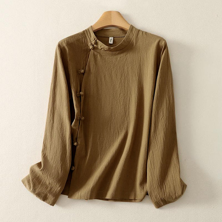 Buddha Stones Asymmetrical Front Frog-button Long Sleeve Women's Cotton Shirt - image 1