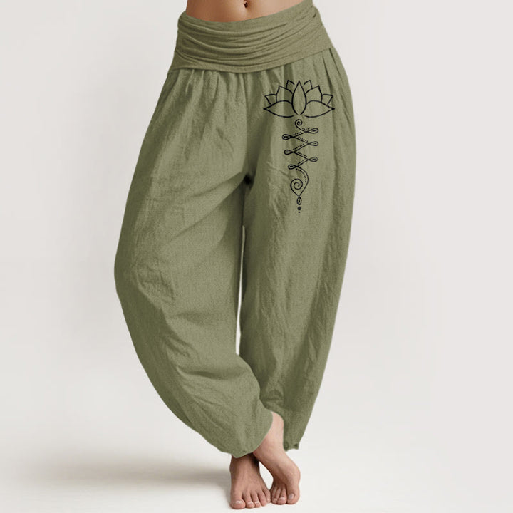 Buddha Stones Unalome Symbol Lotus Flower Pattern Women's Elastic Waist Harem Cotton Pants - OliveDrab - US16，UK/AU20，EU48 (3XL) - image 8