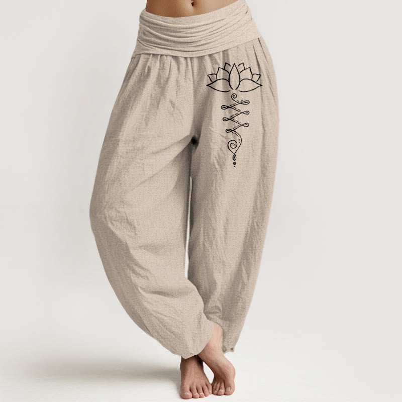 Buddha Stones Unalome Symbol Lotus Flower Pattern Women's Elastic Waist Harem Cotton Pants - Tan - US16，UK/AU20，EU48 (3XL) - image 5