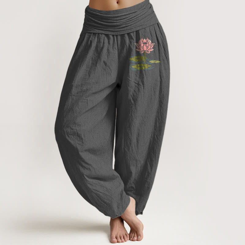 Buddha Stones Pure Cotton  Lotus Flower Leaves Pattern Women's Elastic Waist Harem Pants - DimGray - US16，UK/AU20，EU48 (3XL) - image 8