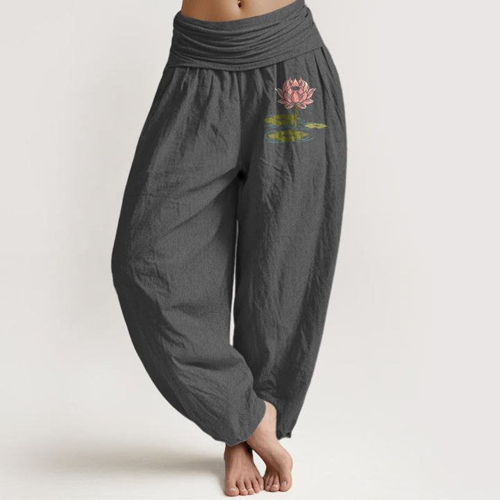 Buddha Stones Pure Cotton  Lotus Flower Leaves Pattern Women's Elastic Waist Harem Pants - DimGray - US16，UK/AU20，EU48 (3XL) - image 8