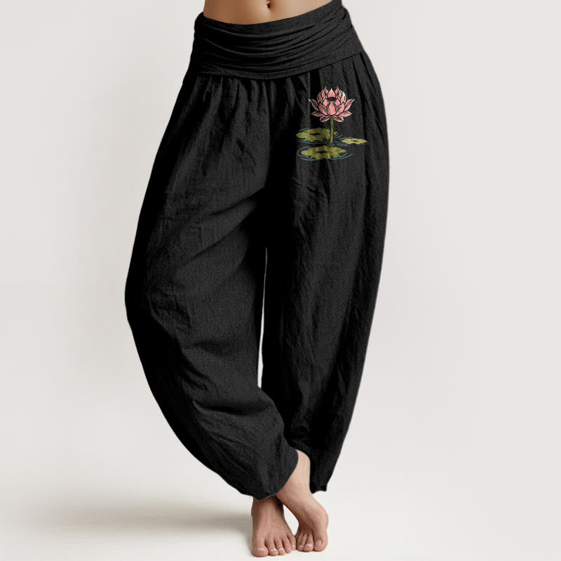 Buddha Stones Pure Cotton  Lotus Flower Leaves Pattern Women's Elastic Waist Harem Pants - Black - US16，UK/AU20，EU48 (3XL) - image 0