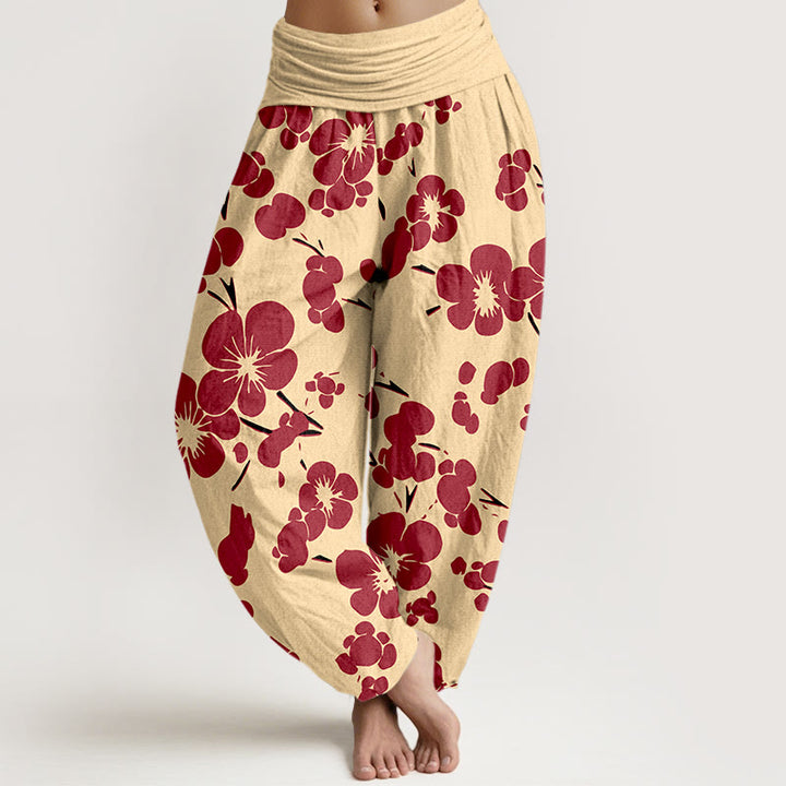 Buddha Stones Pure Cotton Blooming Floral Flowers Women's Elastic Waist Harem Pants - Red - US16，UK/AU20，EU48 (3XL) - image 8