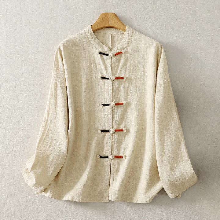 Buddha Stones Plain Chinese Frog-Button Long Sleeve Women's Cotton Linen Zen Clothing Shirt - Beige - US8-10，UK/AU12-14，EU40-42 (2XL) - image 6