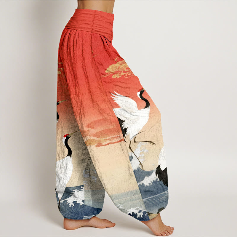Buddha Stones Pure Cotton Cranes Auspicious Clouds Ocean Women's Elastic Waist Harem Pants - image 1