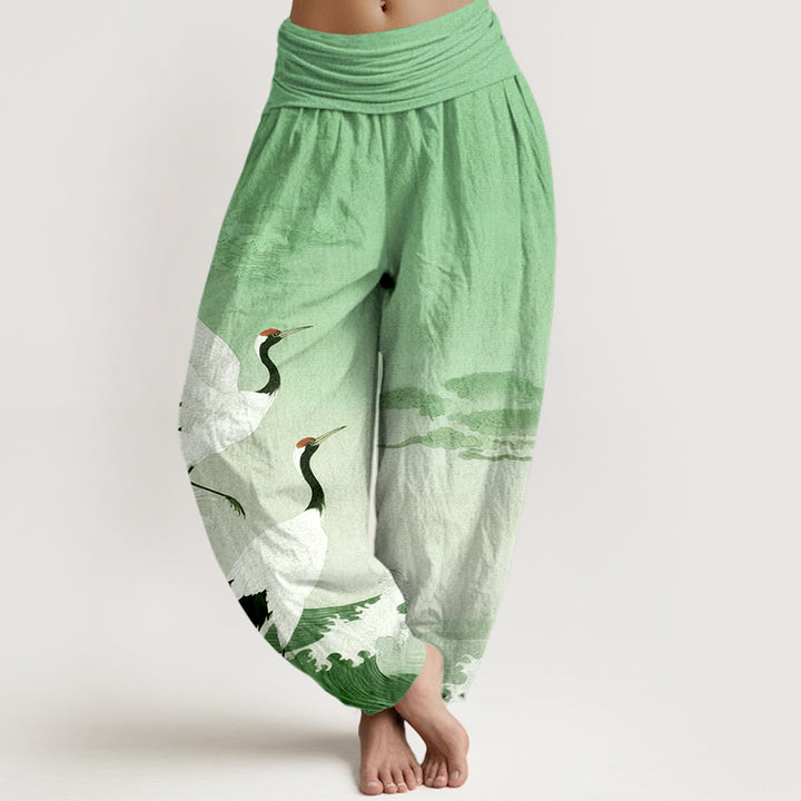 Buddha Stones Pure Cotton Cranes Auspicious Clouds Ocean Women's Elastic Waist Harem Pants - LightGreen - US16，UK/AU20，EU48 (3XL) - image 5