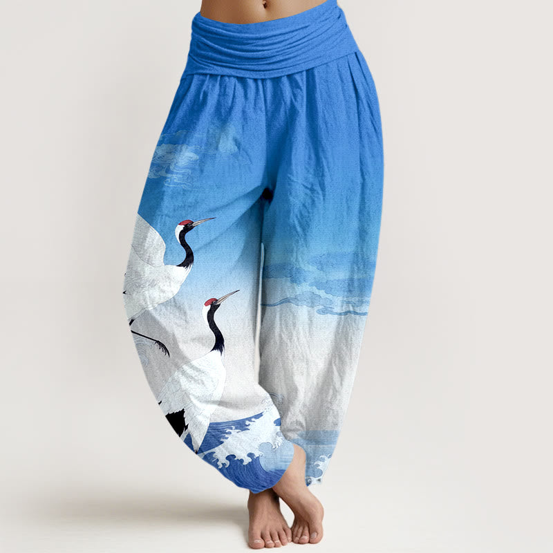 Buddha Stones Pure Cotton Cranes Auspicious Clouds Ocean Women's Elastic Waist Harem Pants - LightSkyBlue - US16，UK/AU20，EU48 (3XL) - image 8