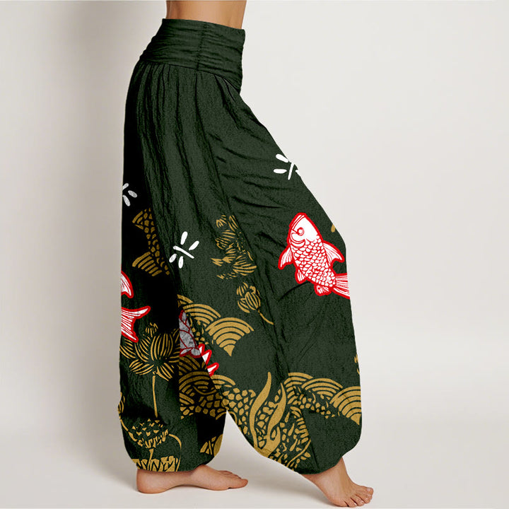Buddha Stones Pure Cotton Koi Fish Lotus Flowers Ocean Women's Elastic Waist Harem Pants - image 10