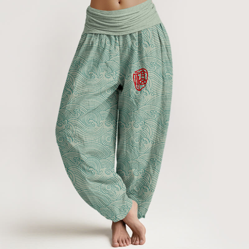 Buddha Stones Pure Cotton Fu Character Ocean Waves Women's Elastic Waist Harem Pants - Aquamarine - US16，UK/AU20，EU48 (3XL) - image 0