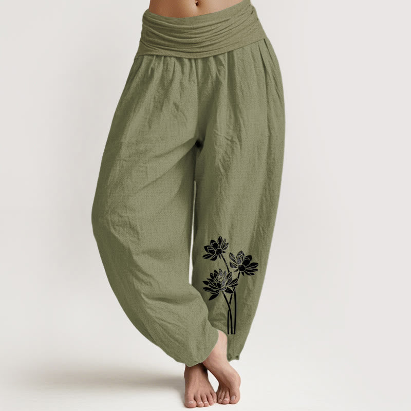 Buddha Stones Casual Three Lotus Flowers Pattern Women's Elastic Waist Harem Cotton Pants - OliveDrab - US16，UK/AU20，EU48 (3XL) - image 8
