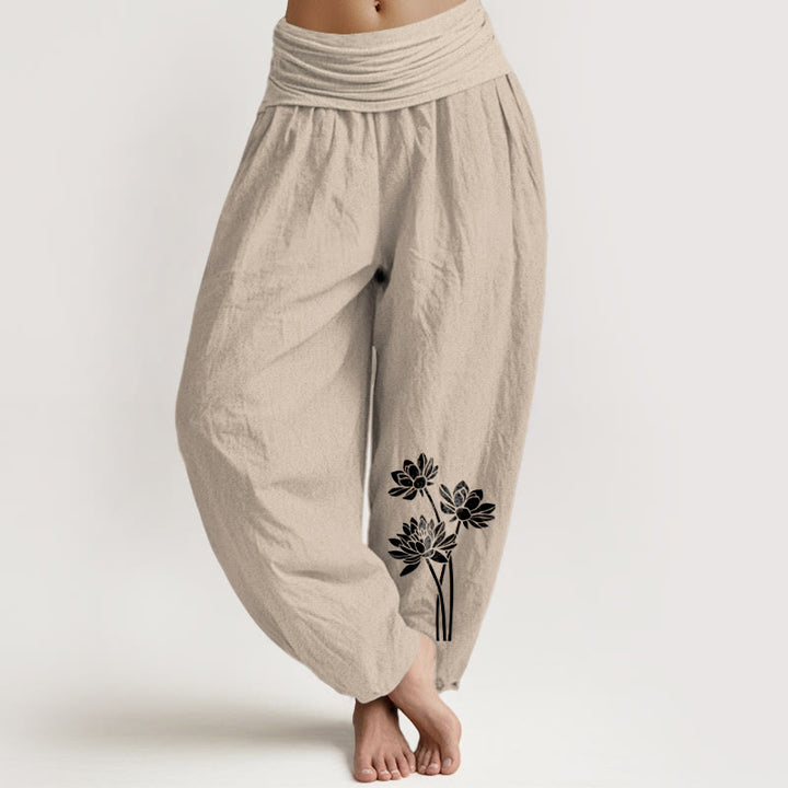 Buddha Stones Casual Three Lotus Flowers Pattern Women's Elastic Waist Harem Cotton Pants - Tan - US16，UK/AU20，EU48 (3XL) - image 5