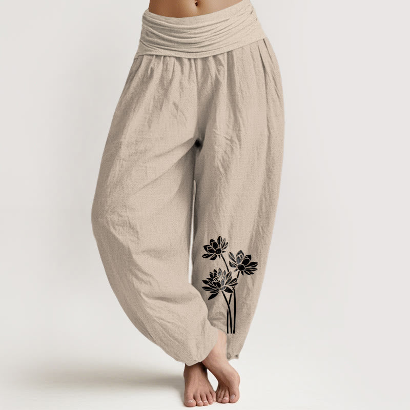 Buddha Stones Casual Three Lotus Flowers Pattern Women's Elastic Waist Harem Cotton Pants - Tan - US16，UK/AU20，EU48 (3XL) - image 5