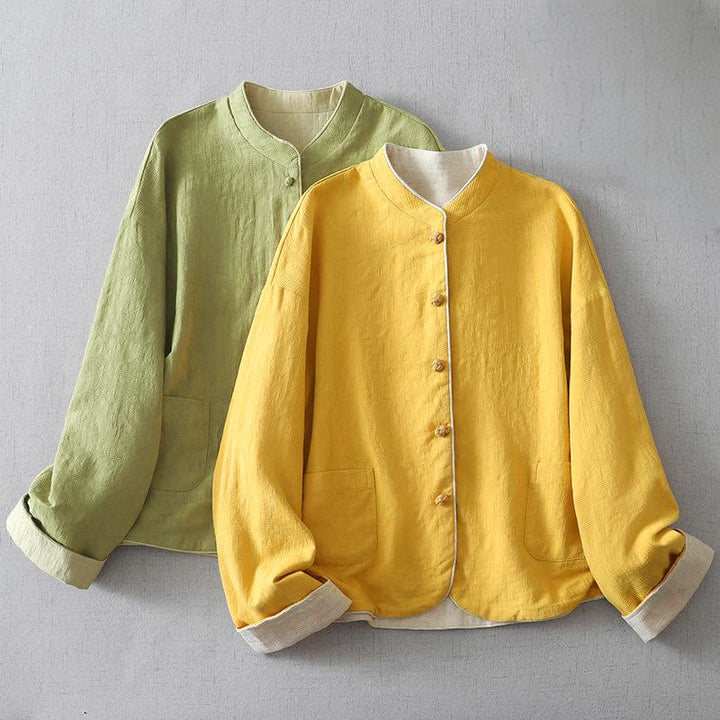 Buddha Stones Women's Plain Jacquard Stand Collar Long Sleeve Cotton Jacket With Pockets - image 4