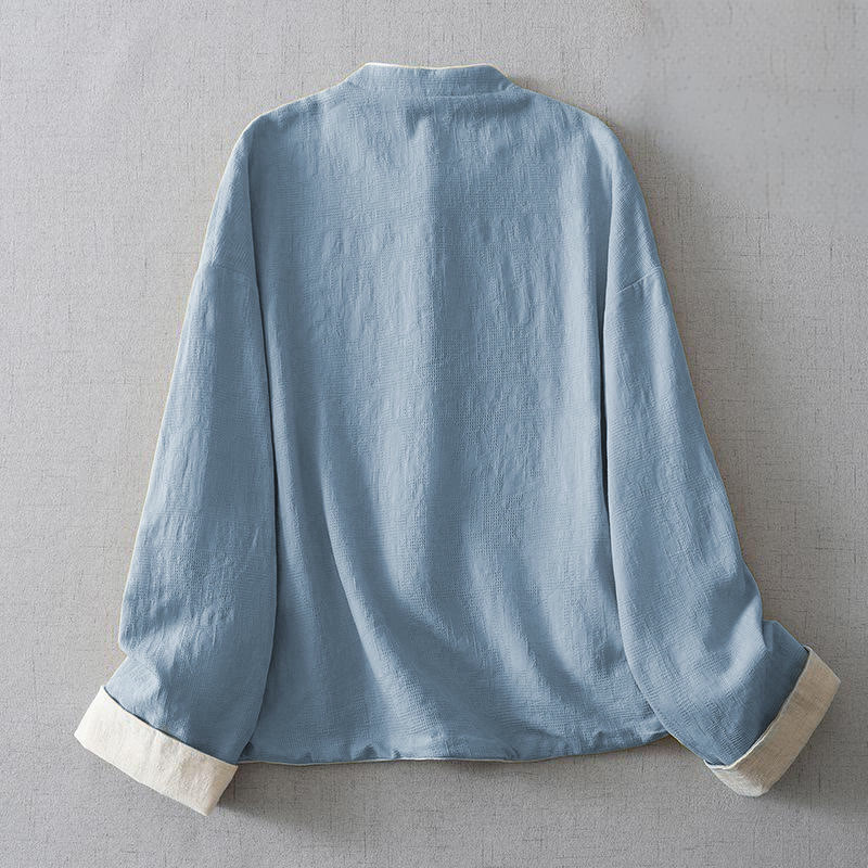 Buddha Stones Women's Plain Jacquard Stand Collar Long Sleeve Cotton Jacket With Pockets - image 8