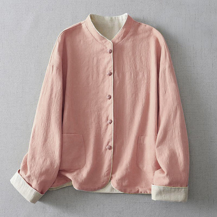 Buddha Stones Women's Plain Jacquard Stand Collar Long Sleeve Cotton Linen Jacket With Pockets - LightPink - US8-10，UK/AU12-14，EU40-42 (2XL) - image 5