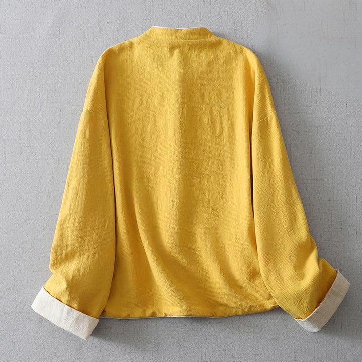 Buddha Stones Women's Plain Jacquard Stand Collar Long Sleeve Cotton Linen Jacket With Pockets - image 3