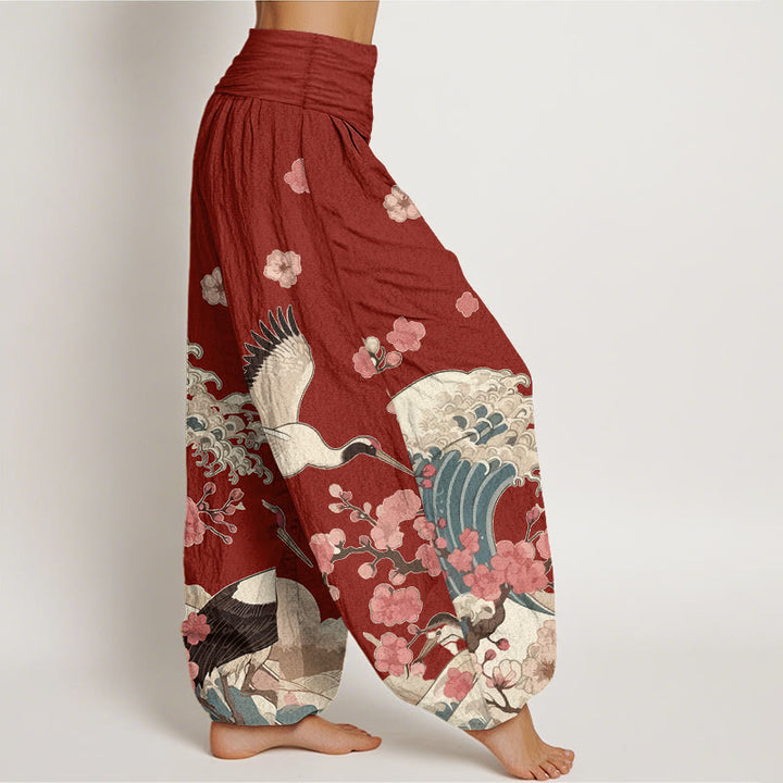 Buddha Stones Pure Cotton Cranes Peach Blossoms Ocean Women's Elastic Waist Harem Pants - image 2