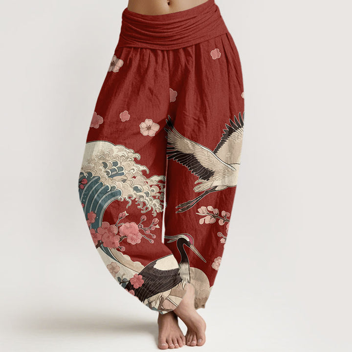 Buddha Stones Pure Cotton Cranes Peach Blossoms Ocean Women's Elastic Waist Harem Pants - DarkRed - US16，UK/AU20，EU48 (3XL) - image 0