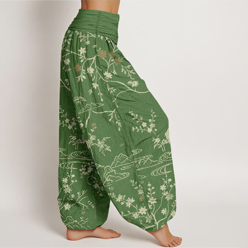 Buddha Stones Crane Floral Tree Branches Pattern Print Women's Elastic Waist Harem Pure Cotton Pants - image 7