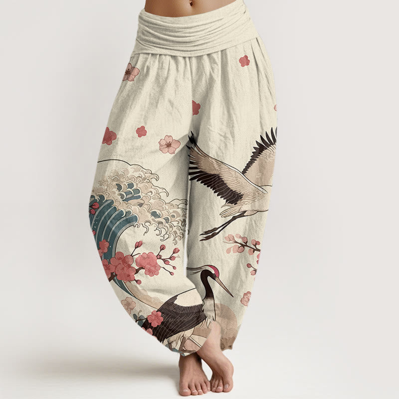 Buddha Stones Pure Cotton Cranes Peach Blossoms Ocean Women's Elastic Waist Harem Pants - Linen - US16，UK/AU20，EU48 (3XL) - image 8
