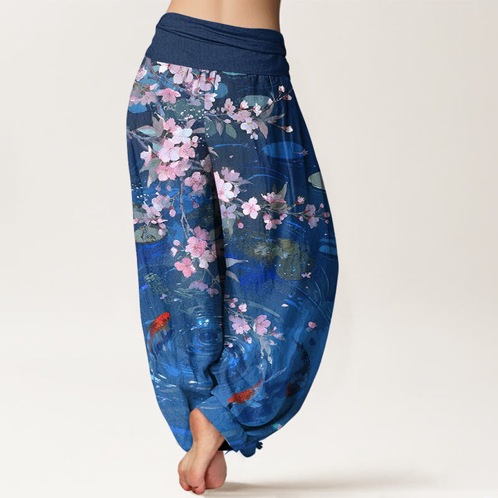 Buddha Stones Pure Cotton Sakura Blossoms Koi Fish Lotus Leaves Women's Elastic Waist Harem Pants - image 9