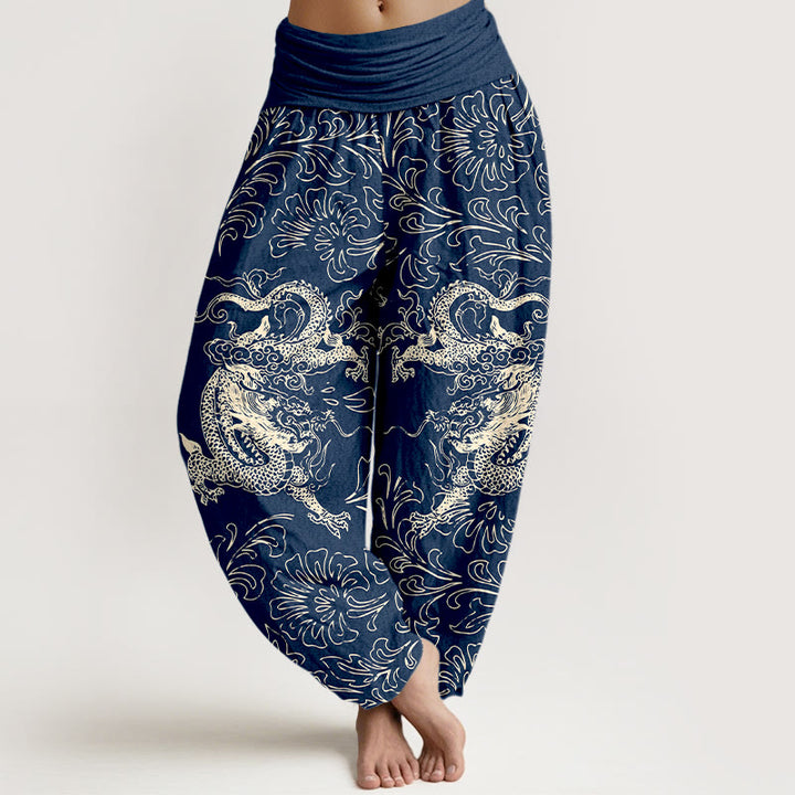 Buddha Stones Pure Cotton Dragon Floral Women's Elastic Waist Harem Pants - SteelBlue - US16，UK/AU20，EU48 (3XL) - image 5