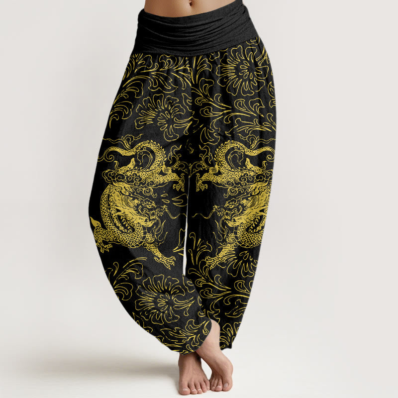 Buddha Stones Pure Cotton Dragon Floral Women's Elastic Waist Harem Pants - Black - US16，UK/AU20，EU48 (3XL) - image 8