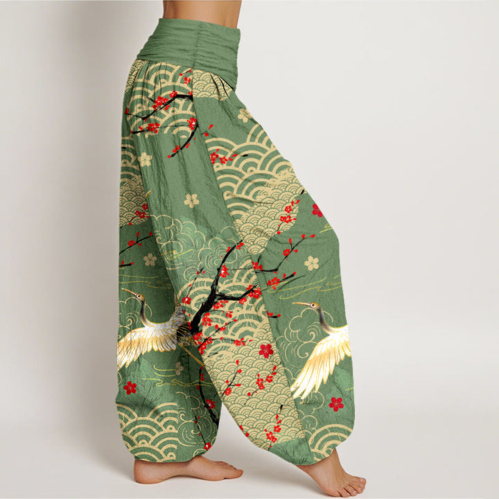 Buddha Stones Print Crane Auspicious Clouds Flowers Pattern Women's Elastic Waist Harem Cotton Pants - image 7