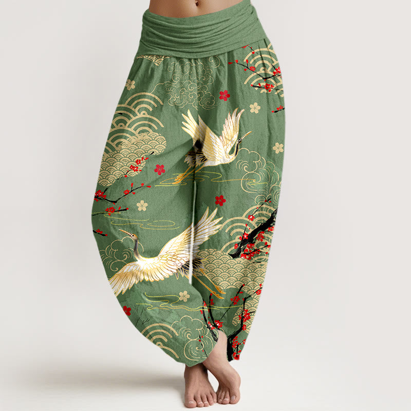 Buddha Stones Print Crane Auspicious Clouds Flowers Pattern Women's Elastic Waist Harem Cotton Pants - MediumSeaGreen - US16，UK/AU20，EU48 (3XL) - image 5