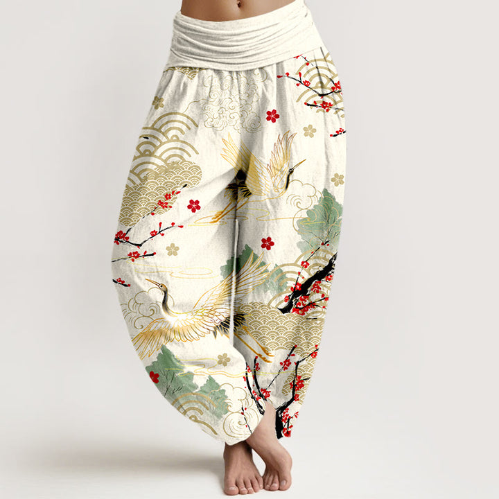 Buddha Stones Print Crane Auspicious Clouds Flowers Pattern Women's Elastic Waist Harem Cotton Pants - Ivory - US16，UK/AU20，EU48 (3XL) - image 8