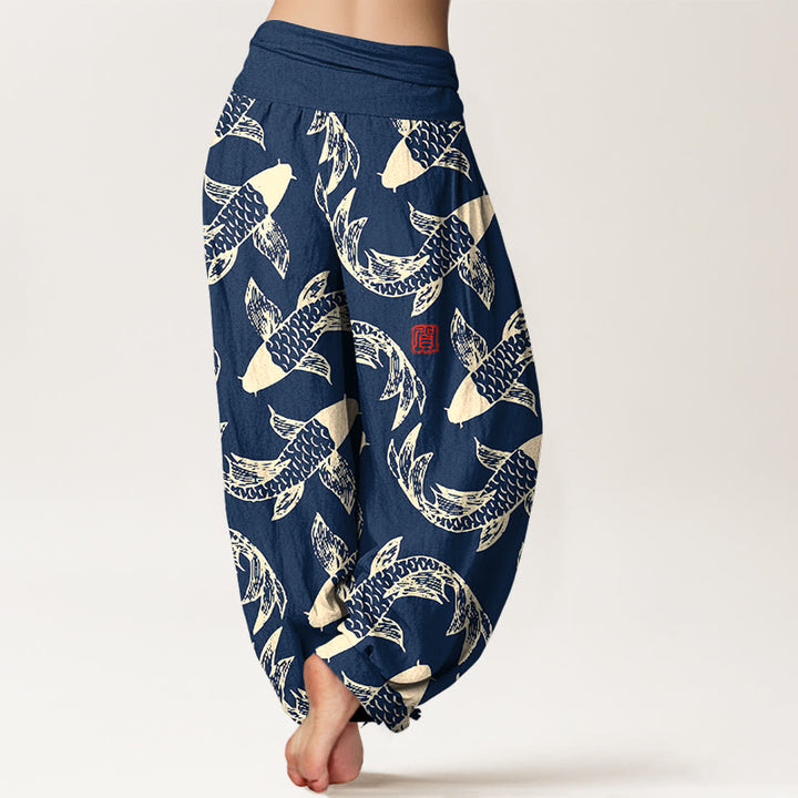 Buddha Stones Pure Cotton Swimming Koi Fish Women's Elastic Waist Harem Pants - image 1
