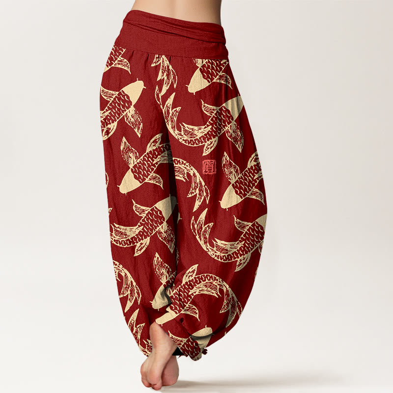 Buddha Stones Pure Cotton Swimming Koi Fish Women's Elastic Waist Harem Pants - image 6