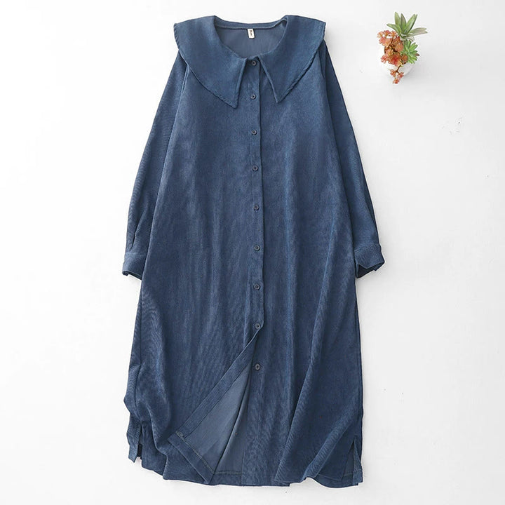 Buddha Stones Fall Plain Buttons Design Long Sleeve Corduroy Midi Dress With Pockets - DarkBlue - US8-10，UK/AU12-14，EU40-42 (2XL) - image 0