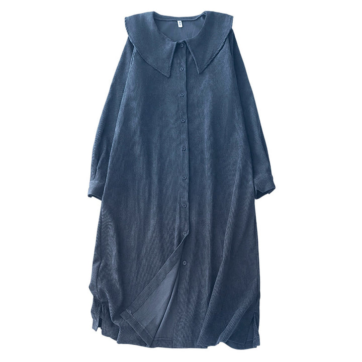 Buddha Stones Fall Plain Buttons Design Long Sleeve Corduroy Midi Dress With Pockets - image 12