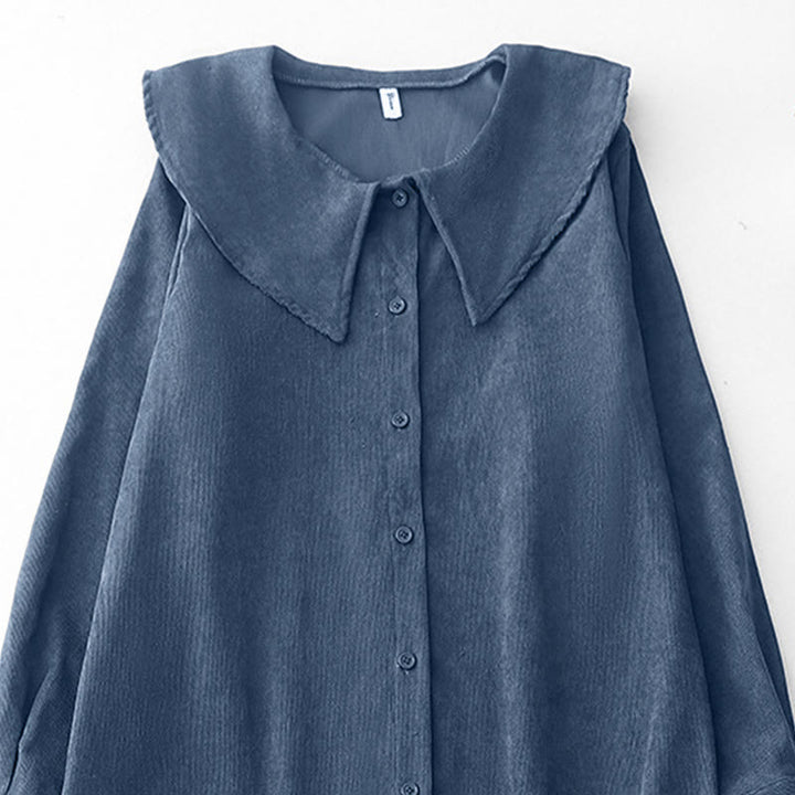 Buddha Stones Fall Plain Buttons Design Long Sleeve Corduroy Midi Dress With Pockets - image 2