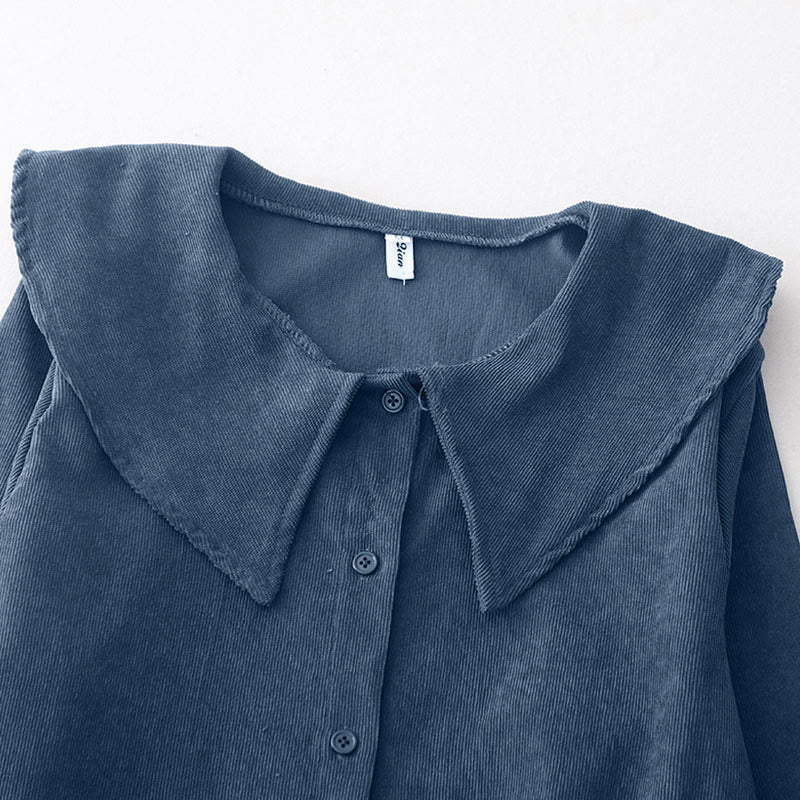 Buddha Stones Fall Plain Buttons Design Long Sleeve Corduroy Midi Dress With Pockets - image 4