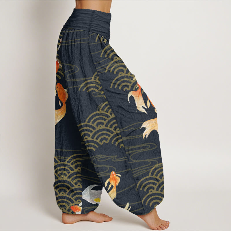 Buddha Stones Pure Cotton Red Koi Fish Fan-shaped Waves Women's Elastic Waist Harem Pants - image 10
