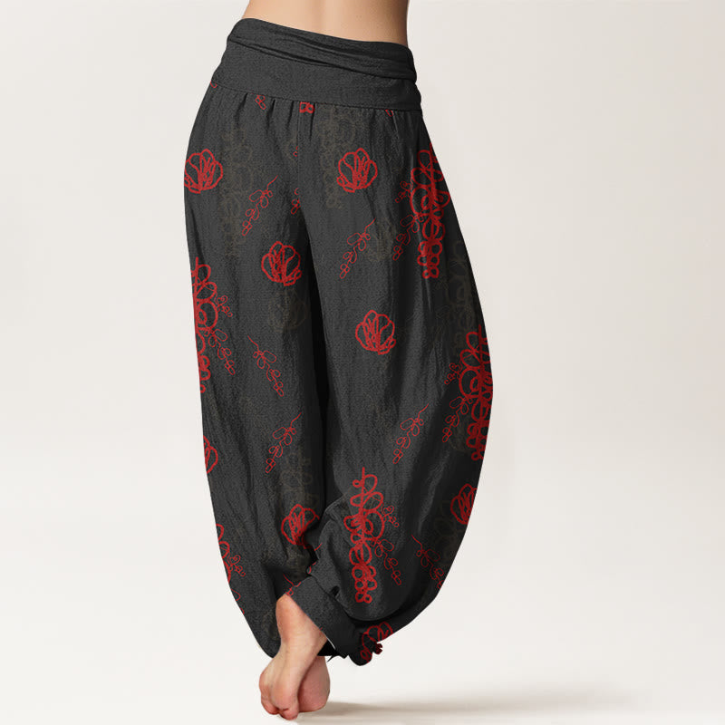 Buddha Stones Print Hand-painted Flowers Branches Pattern Women's Elastic Waist Harem Cotton Pants - image 6