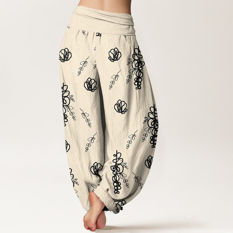 Buddha Stones Print Hand-painted Flowers Branches Pattern Women's Elastic Waist Harem Cotton Pants - image 9