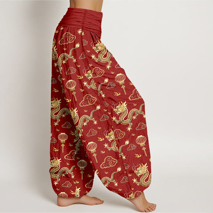 Buddha Stones Print Dragon Auspicious Cloud Lantern Pattern Women's Elastic Waist Harem Cotton Pants - image 2