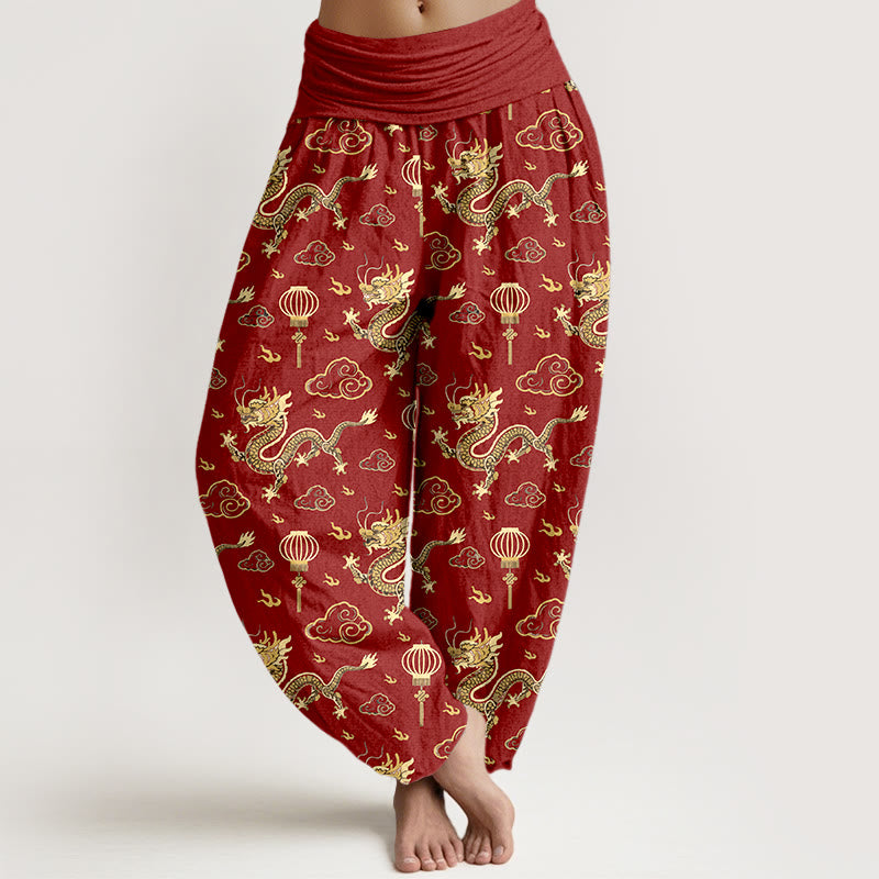 Buddha Stones Print Dragon Auspicious Cloud Lantern Pattern Women's Elastic Waist Harem Cotton Pants - Red - US16，UK/AU20，EU48 (3XL) - image 0