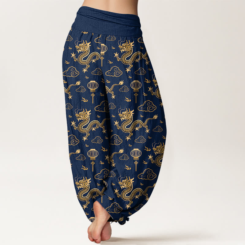 Buddha Stones Print Dragon Auspicious Cloud Lantern Pattern Women's Elastic Waist Harem Cotton Pants - image 6